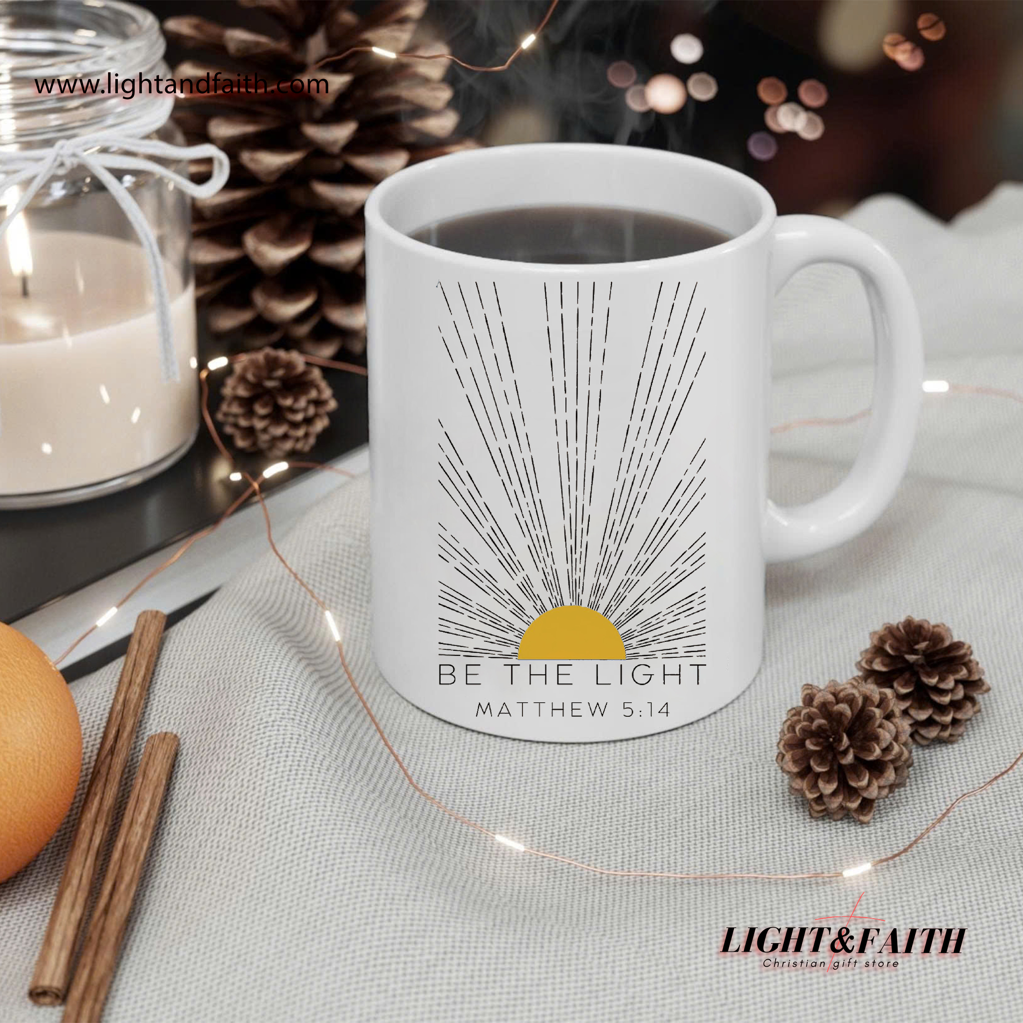 Be The Light Mug – Matthew 5:14 Christian Coffee Cup, Bible Verse Gift, Inspirational Scripture Mug, Faith-Based Drinkware. MULAF01